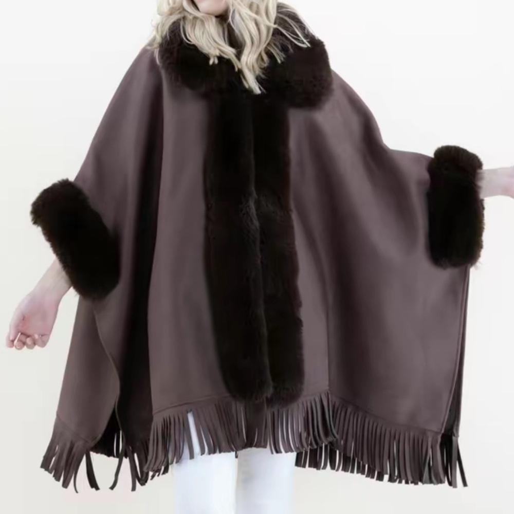 Women's Suede Fringed Cape with Faux Fur Trim